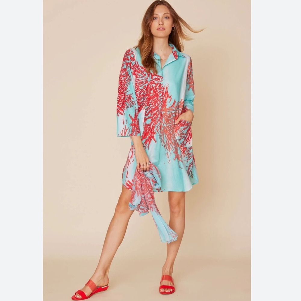 Moda Posa Gabriela Printed Tunic Shirt Tunic Shirt Dress Aqua Coral Size XS NWTS